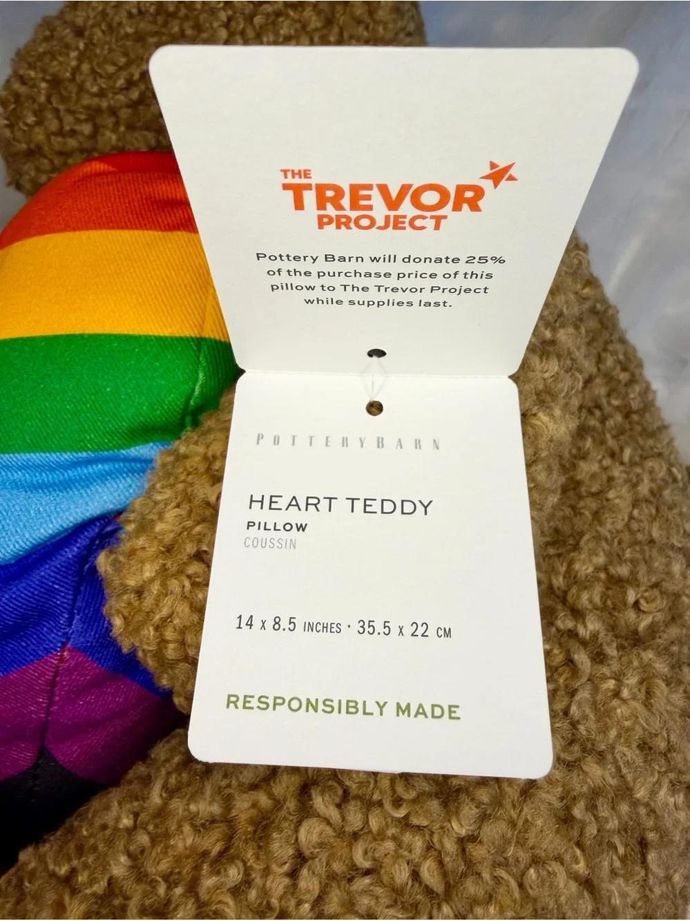 Pottery Barn Teddy Shaped Pillow- Trevor Project 🌈 FREE SHIPPING!
